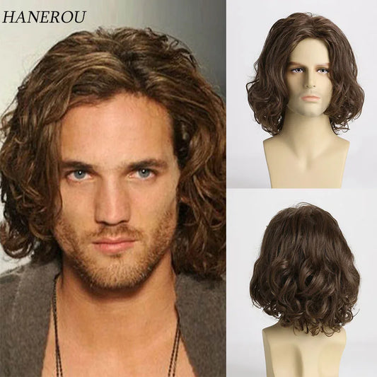 MEN'S SENSE BEAUTY Synthetic Wigs For Men Party Male Wavy Short Brown Hair Medium Length Natural Wave Curly Adjustable Size Men