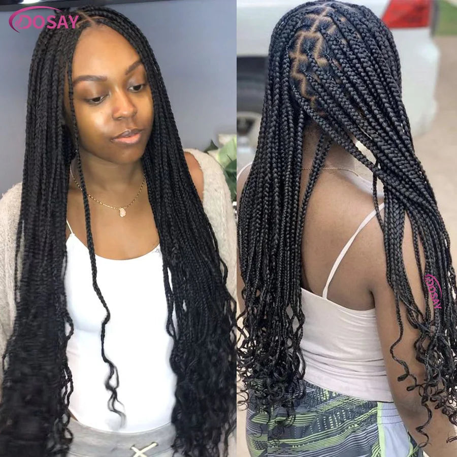 Braids SENSE 24'' Goddess Box Braids With Curls Ends Synthetic Knotless Full Lace Cornrows Braided Wigs French Curl Braids For Black Women