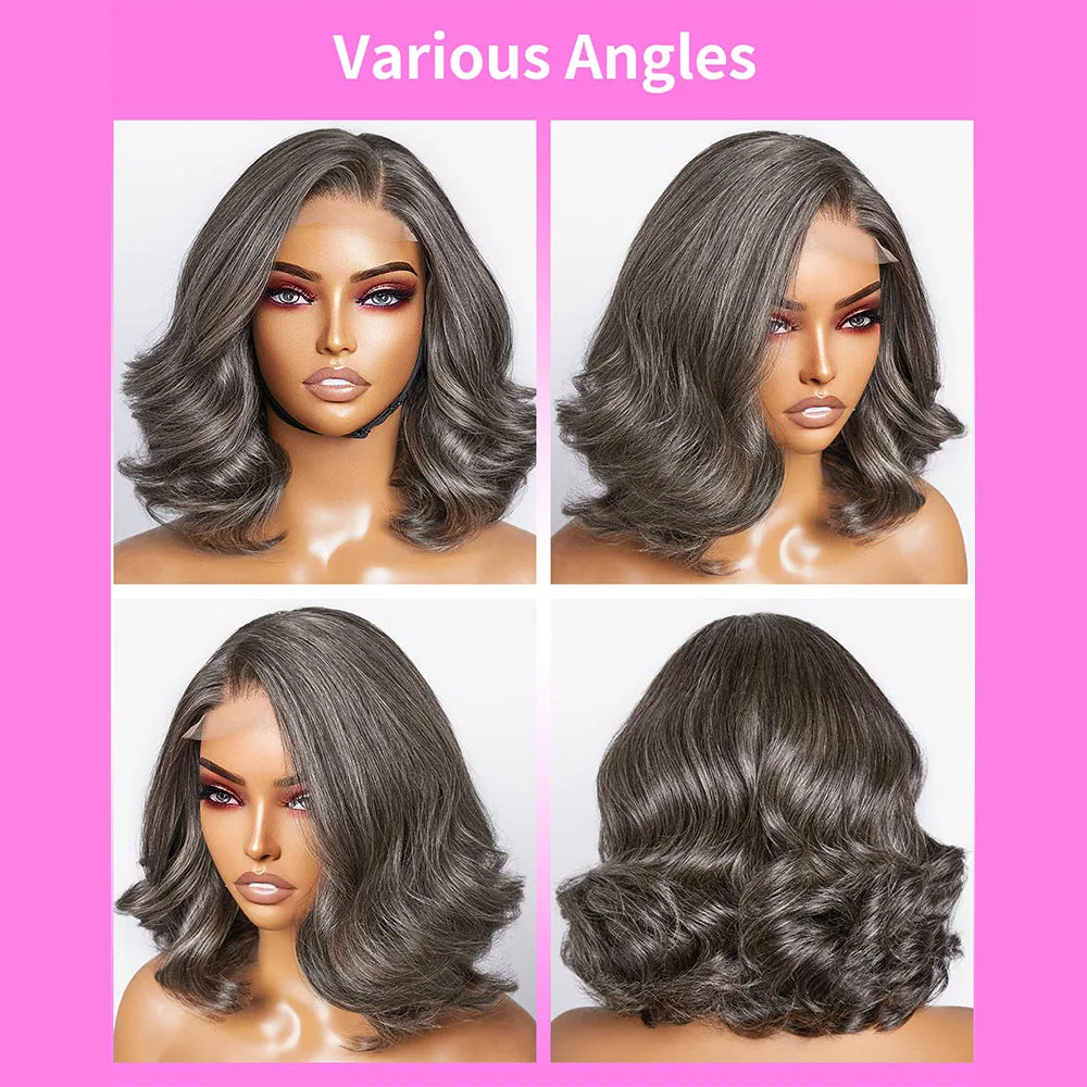 Short SENSE Salt and Pepper Loose Wave Lace Front Bob Wig Human Hair Side Part 5x5 HD Closure Lace Wig Ready To for Black Women