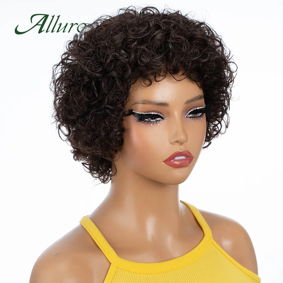 Short SENSE Short Pixie Afro Kinky Curly Wigs for Black Women Glueless Natural Brown Bob Wig With Bangs Jerry Curly Human Hair Wigs Allure