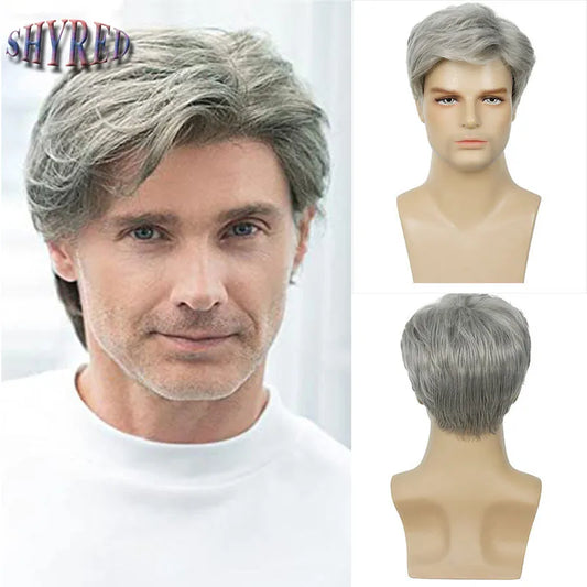MEN'S SENSE BEAUTY Short Gray White Wig Men Natural Fluffy Curly Fake Hair Cosplay Costume Synthetic Mens Wig for Male Guy