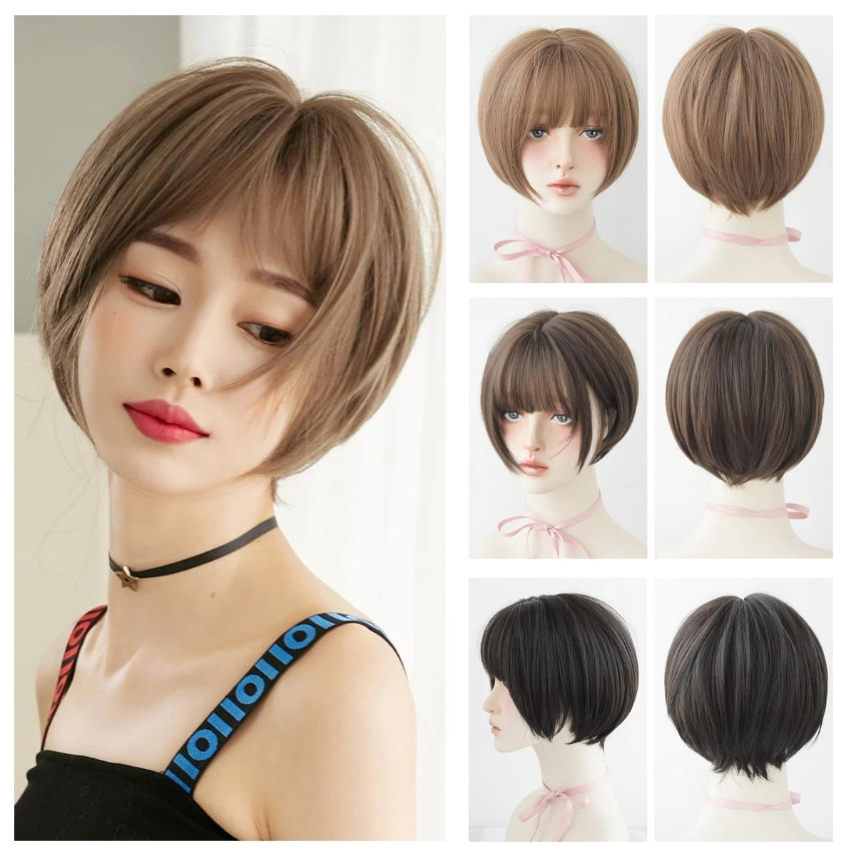 Short SENSE 32CM Wig Woman Short Bob Hair Air Bangs Brown Full Head Cover Short Broken Hair Natural Simulation Chemical Fiber Hair Party Wig