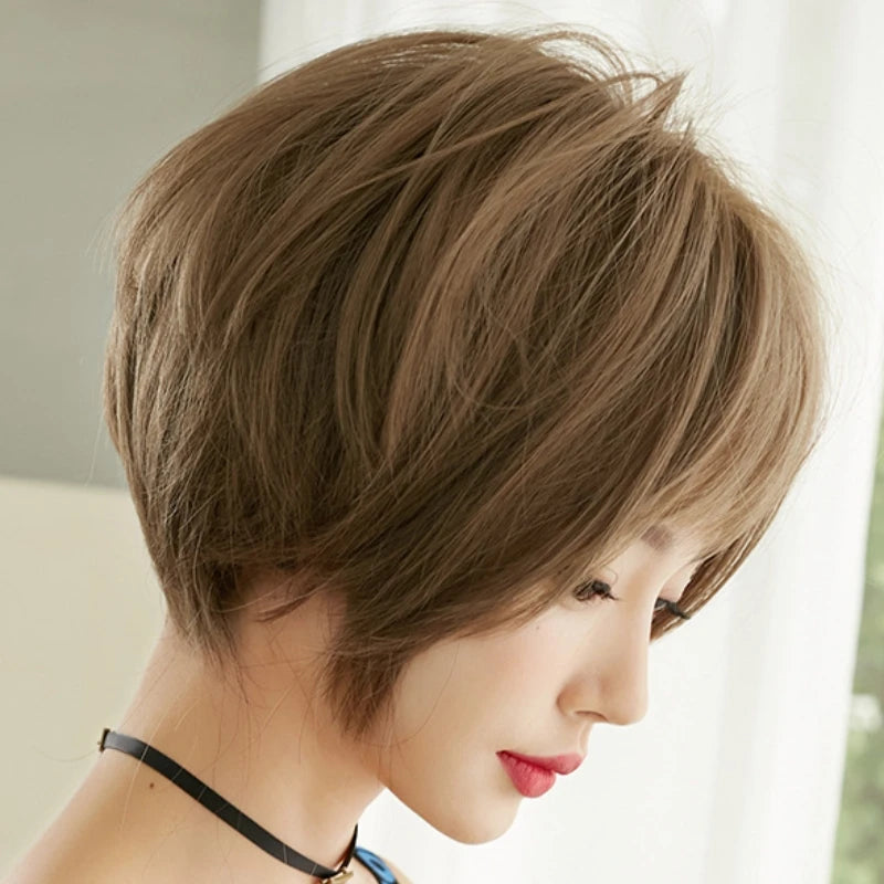 Short SENSE 32CM Wig Woman Short Bob Hair Air Bangs Brown Full Head Cover Short Broken Hair Natural Simulation Chemical Fiber Hair Party Wig