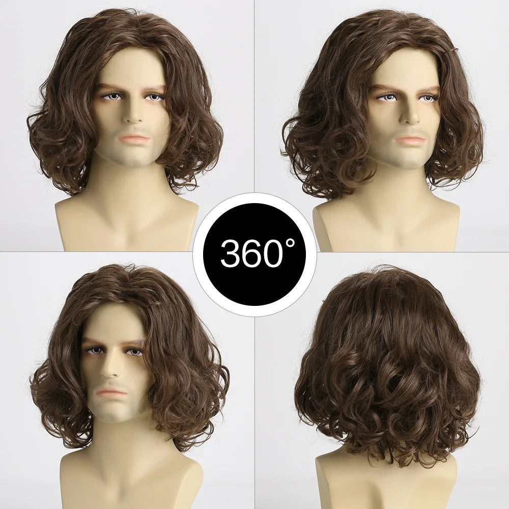 MEN'S SENSE BEAUTY Synthetic Wigs For Men Party Male Wavy Short Brown Hair Medium Length Natural Wave Curly Adjustable Size Men