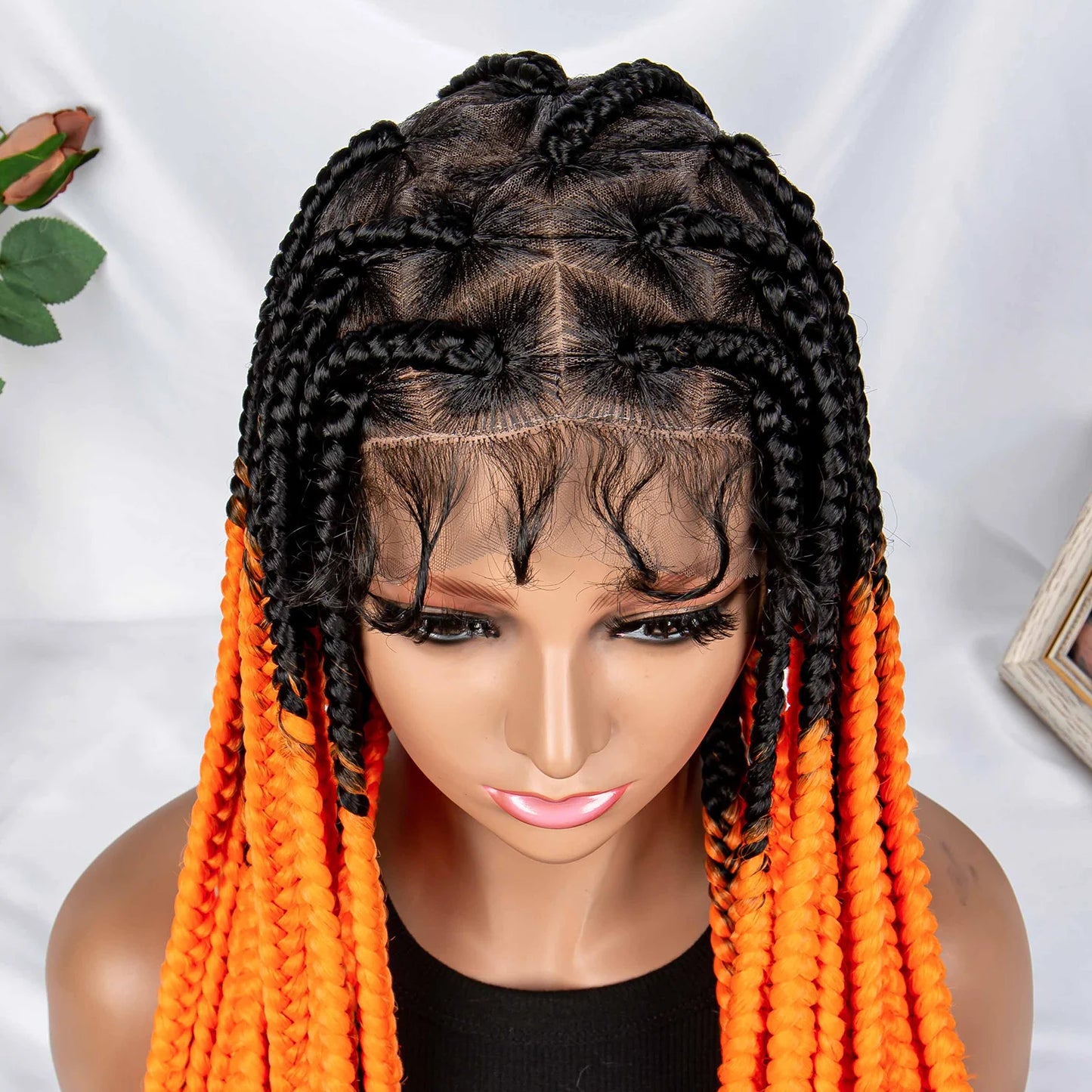 Braids SENSE Full Lace Braided Wigs Synthetic Knotless Box Braids Wig Orange Colored Transparent Lace Front Braiding Hair Wig for Black Women