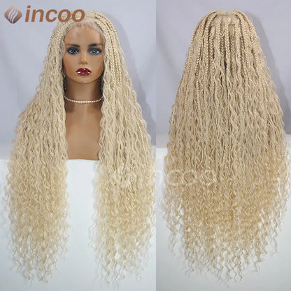 Braids SENSE 32" Bohemian Box Braided Wigs Synthetic Full Lace Front Wigs Black Women Knotless Braids Wigs 613 Blonde Burgundy Lace Front Wig