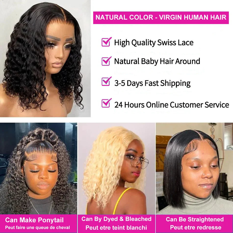 Short SENSE Curly Short Bob 200% HD 13X4 Lace Frontal 100% Natural Human Hair Wigs Deep Water Wave 13X4 Lace Front Wig 4x4 Closure For Women