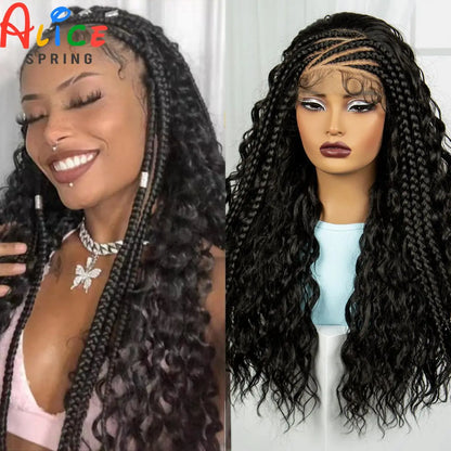 Braids SENSE 26 Inch Natural Water Wave Synthetic Braided Wigs Lace Braided Wig Curly Knotless Braids Wigs With Baby Hair for Black Woman