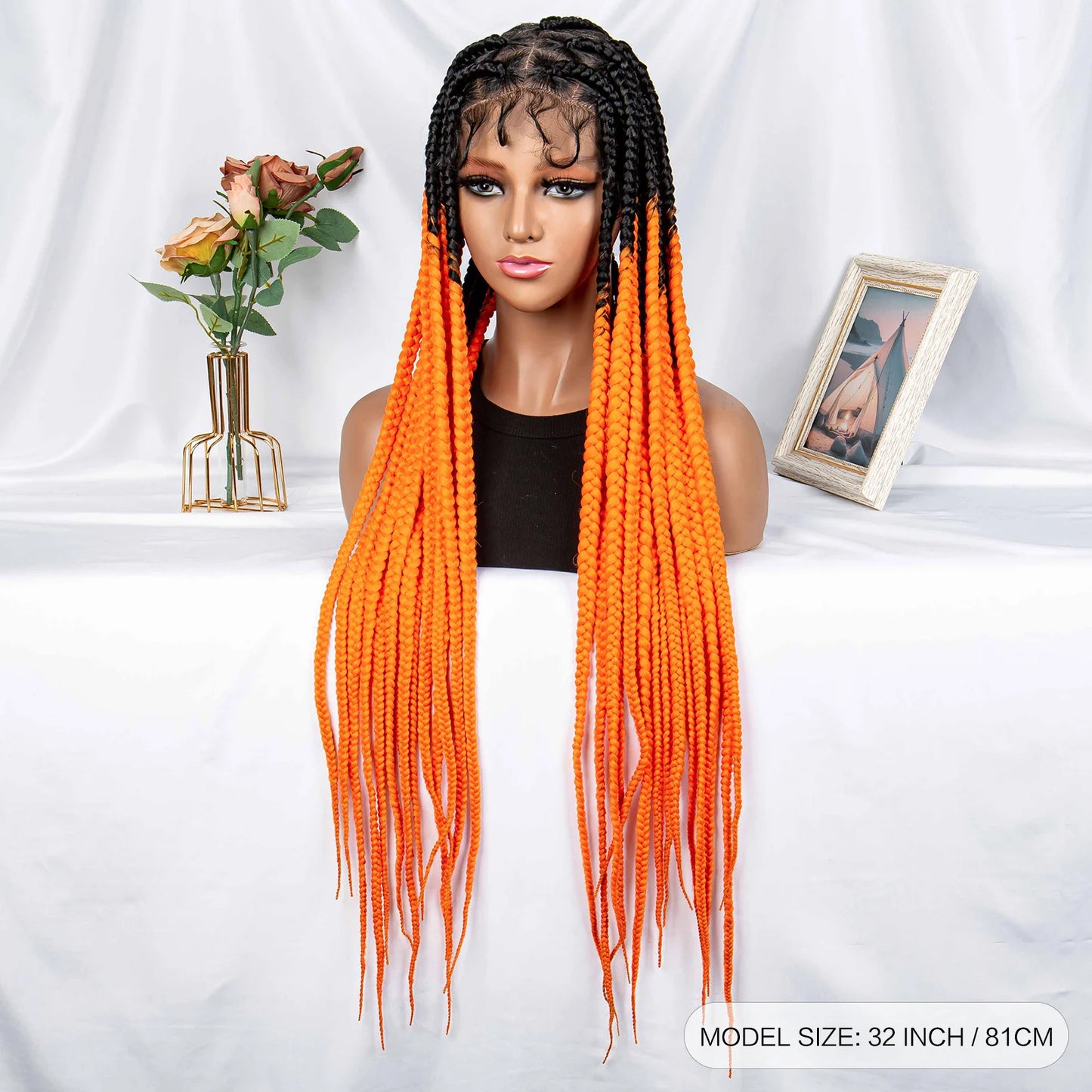 Braids SENSE Full Lace Braided Wigs Synthetic Knotless Box Braids Wig Orange Colored Transparent Lace Front Braiding Hair Wig for Black Women