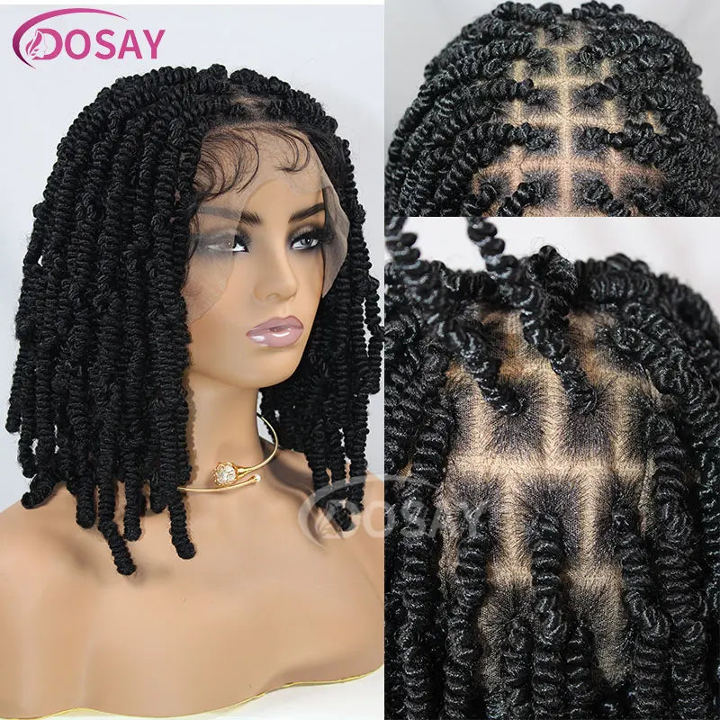 Braids SENSE 12" Bob Braided Wigs For Black Women Spring Afro Twist Wig Faux Locs Spiral Curls Full Lace Braided Wigs  Synthetic Braiding Wig