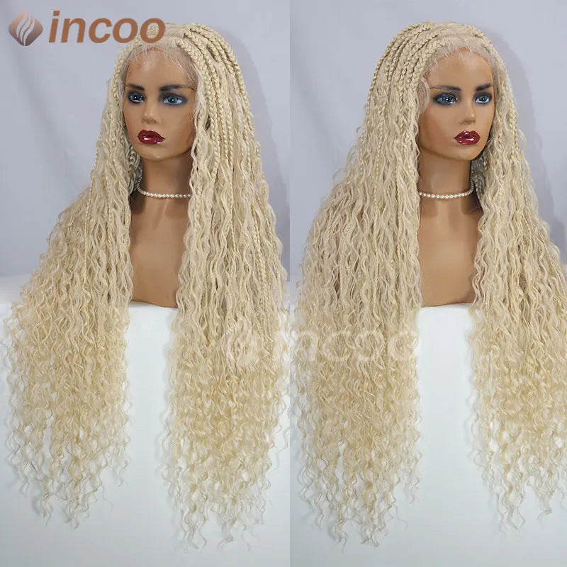 Braids SENSE 32" Bohemian Box Braided Wigs Synthetic Full Lace Front Wigs Black Women Knotless Braids Wigs 613 Blonde Burgundy Lace Front Wig