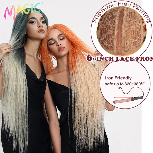 Lace wigs MAGIC Synthetic Lace Wigs Afro Kinky Straight Wig Hair Weave Ombre For Black Women Heat Resistant Cosplay Kinky Straight Wig