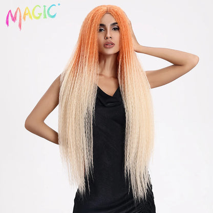 Lace wigs MAGIC Synthetic Lace Wigs Afro Kinky Straight Wig Hair Weave Ombre For Black Women Heat Resistant Cosplay Kinky Straight Wig