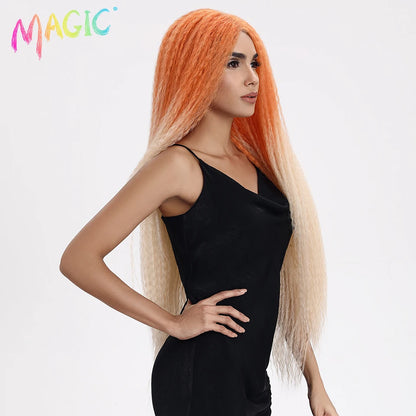 Lace wigs MAGIC Synthetic Lace Wigs Afro Kinky Straight Wig Hair Weave Ombre For Black Women Heat Resistant Cosplay Kinky Straight Wig
