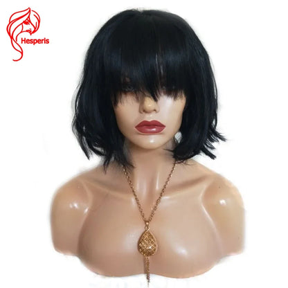 Short SENSE Hesperis Brazilian Remy Short Bob Cut Human Hair Wig With Bangs Natural Wave Scalp Top Full Machine Made Wavy Bob Wigs For Women