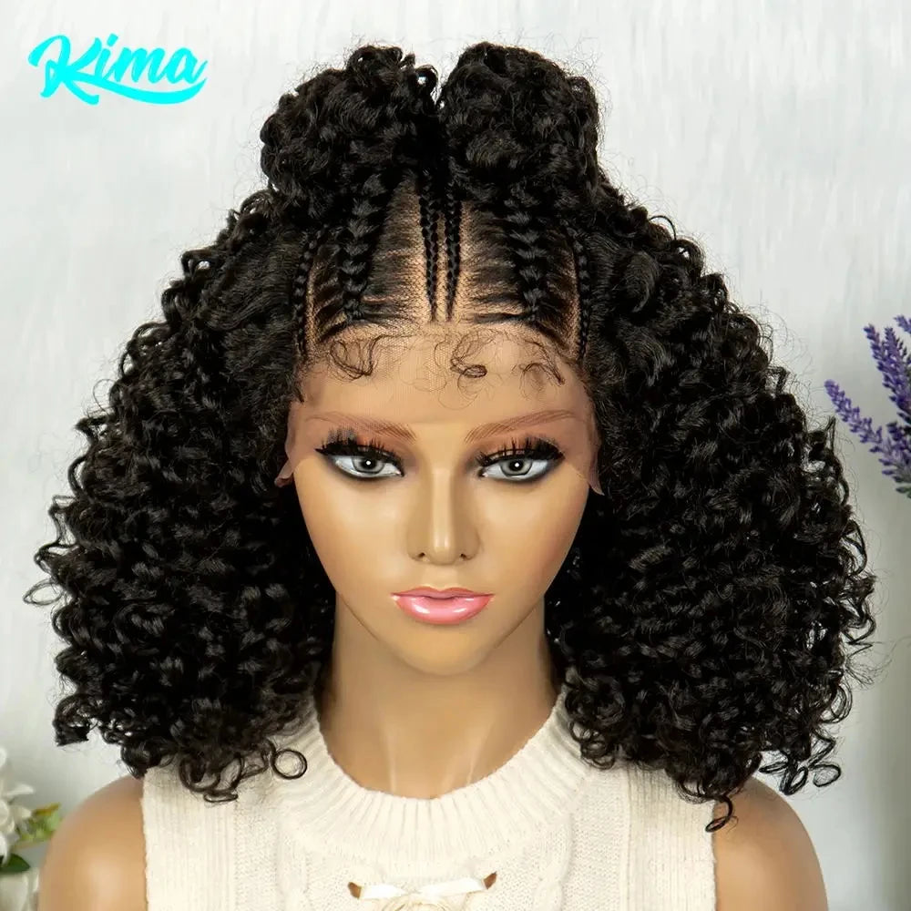 Braids SENSE Kima Frontal Cornrow Twisted 16 inches Curly Bob 13*4 Synthetic Lace Front Wig Top Knot Braided Ribbon Bun Braided Wigs