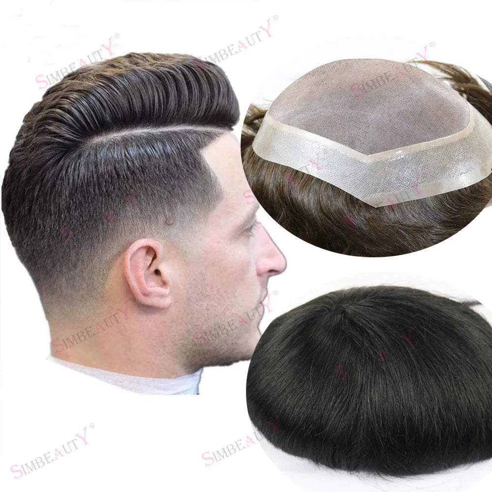 MEN'S SENSE BEAUTY Durable Men Wig Human Hair Toupee Mono Lace Top With Skin Pu Base Hairpieces Male Hair Prosthesis Straight Replacement System