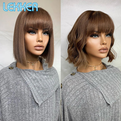 Short SENSE Lekker Ready Wear Ombre Brown Short Straight Bob Human Hair Wigs With Bangs For Women Brazilian Remy Hair Colored Glueless Wigs