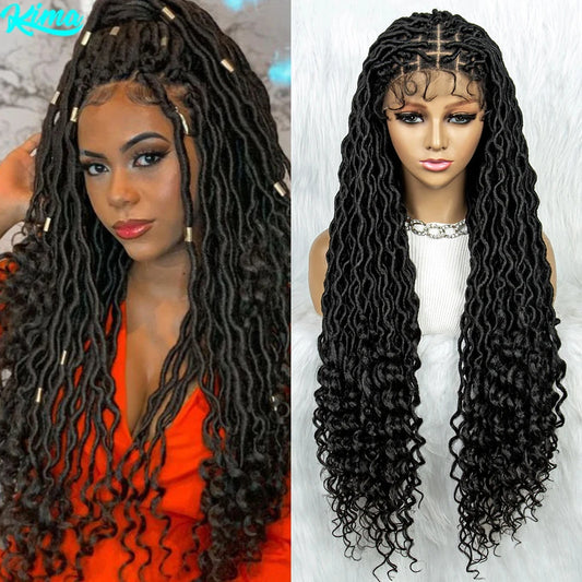 Braids SENSE Cornrow Synthetic Braided Wigs 9*6 Lace Front Wig Square Knotless Box Braided Dreadlock Wig with Curly End for African Women