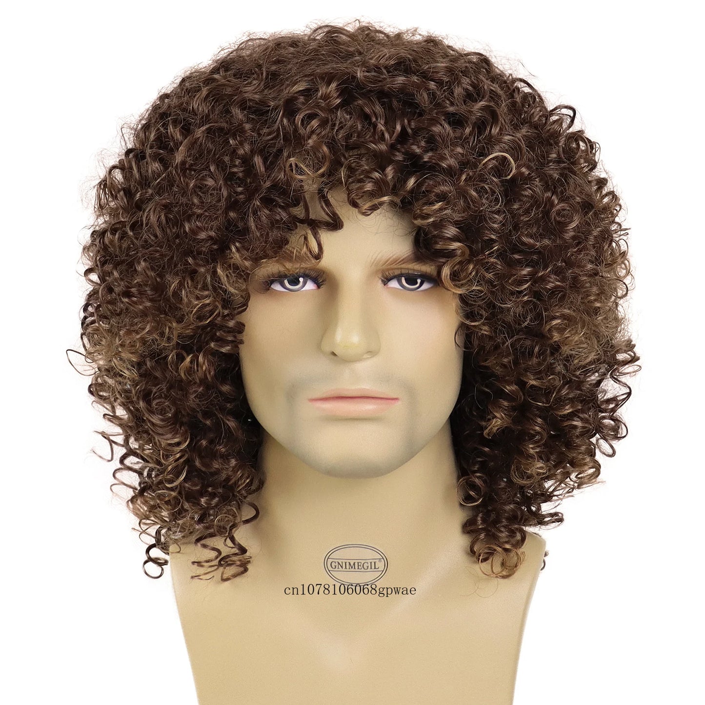 MEN'S SENSE BEAUTY Afro Kinky Curly Wigs for Men Synthetic Brown Wig with Bangs Natural Fluffy Elastic High Temperature Fiber Man Daily Cosplay