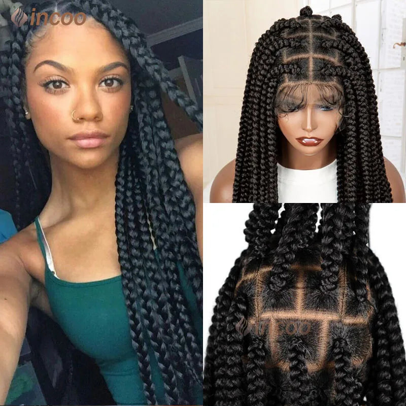 Braids SENSE 36" Full Lace Braided Wigs Synthetic Long Black Braided Wigs With Baby Hair 360 Lace Front Box Braids Wig Black Mix Burgundy Wig