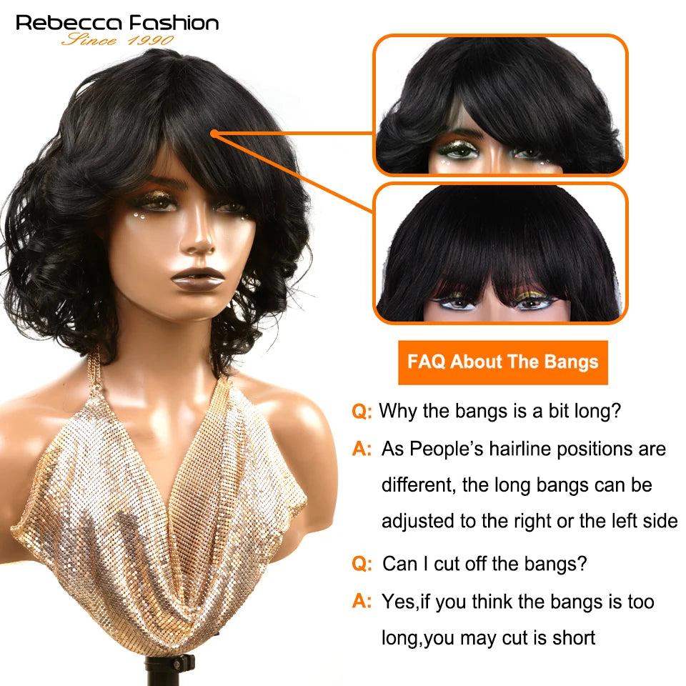 Short SENSE Rebecca Short Bob Wigs With Bangs Brazilian Body Deep Wave Natural Remy Human Hair Wig Full Machine Made Glueless Wigs For Black