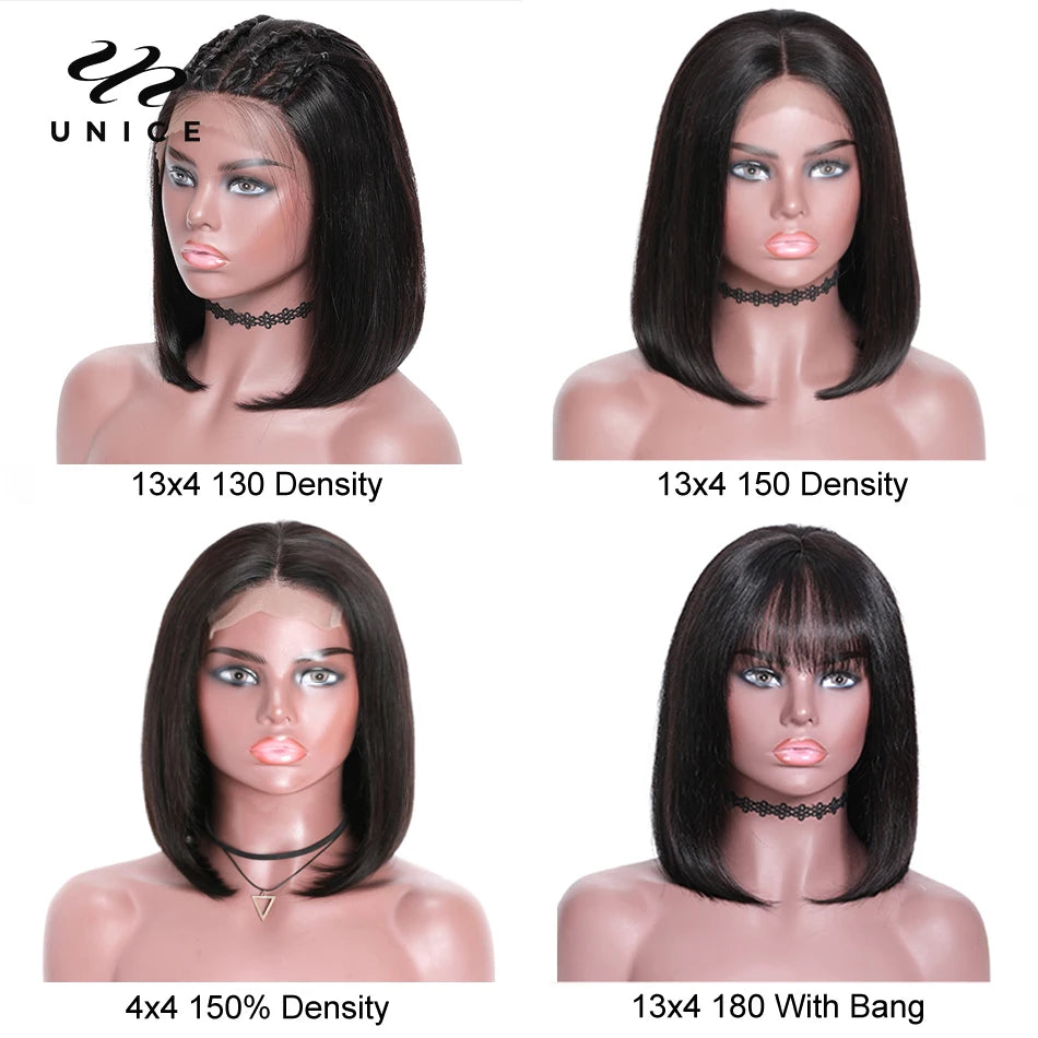 Short SENSE UNice Hair Straight Bob Wigs 4x4 13X4 Lace Front Wig Human Hair Wig Short Human Hair Wigs 8-14Inch 150% Density