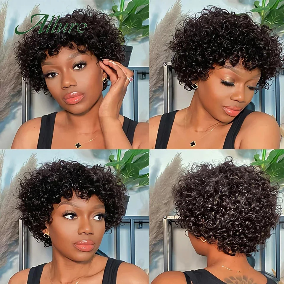 Short SENSE Short Pixie Afro Kinky Curly Wigs for Black Women Glueless Natural Brown Bob Wig With Bangs Jerry Curly Human Hair Wigs Allure