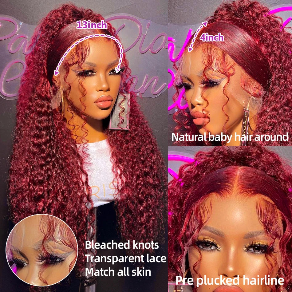 Lace wigs 13x4 Deep Wave Lace Frontal Wig Human Hair Transparent 99J Burgundy Full Lace Front Wigs Red Colored HD Curly Human Hair Wigs