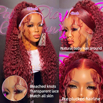 Lace wigs 13x4 Deep Wave Lace Frontal Wig Human Hair Transparent 99J Burgundy Full Lace Front Wigs Red Colored HD Curly Human Hair Wigs