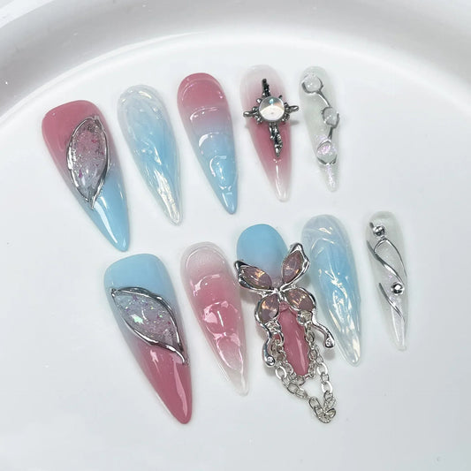 10pcs Aurora Gradient Pink Stiletto Almond Press On Nails Blue Long Fake Nails with 3D Heart Butterfly Sweet Cool Nail Tips Art