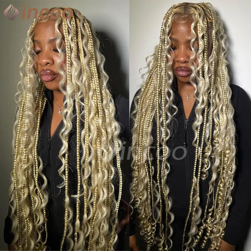 Braids SENSE 32" Bohemian Box Braided Wigs Synthetic Full Lace Front Wigs Black Women Knotless Braids Wigs 613 Blonde Burgundy Lace Front Wig