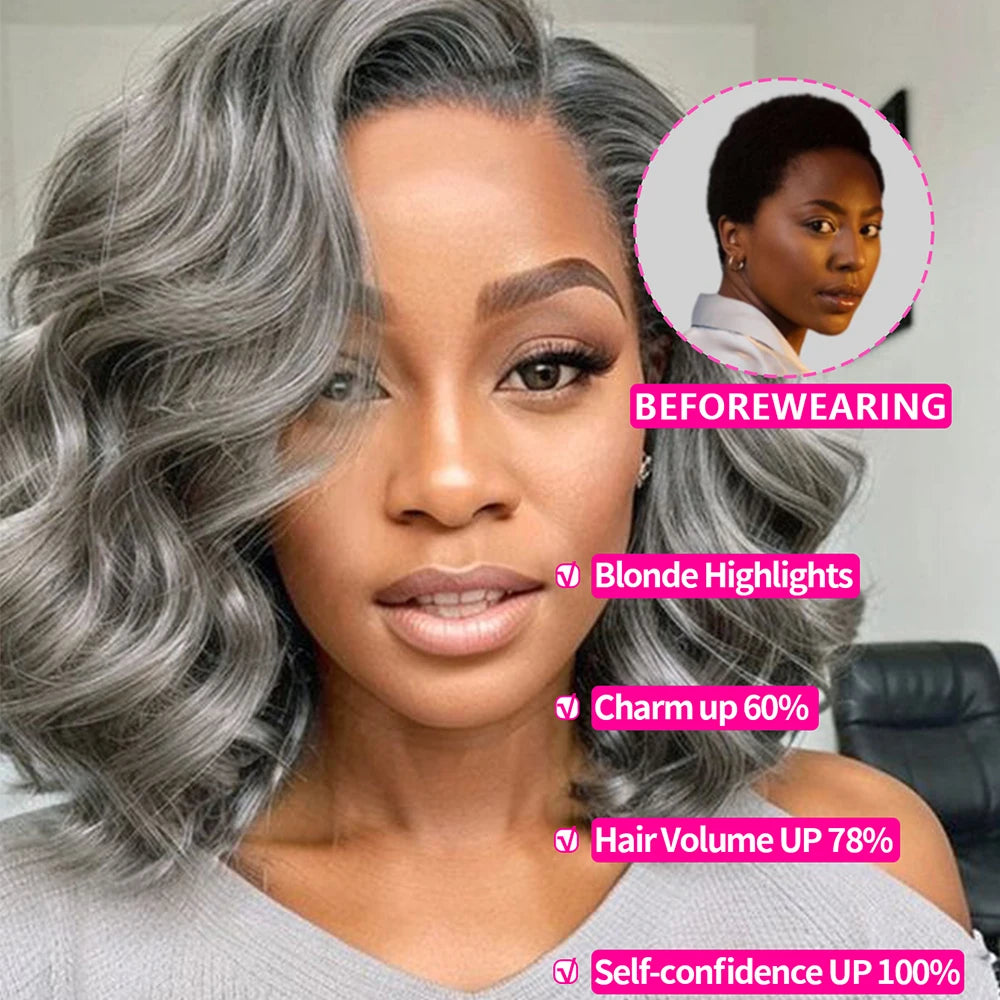 Short SENSE Salt and Pepper Loose Wave Lace Front Bob Wig Human Hair Side Part  5x5 HD Closure Lace Wig Ready To for Black Women