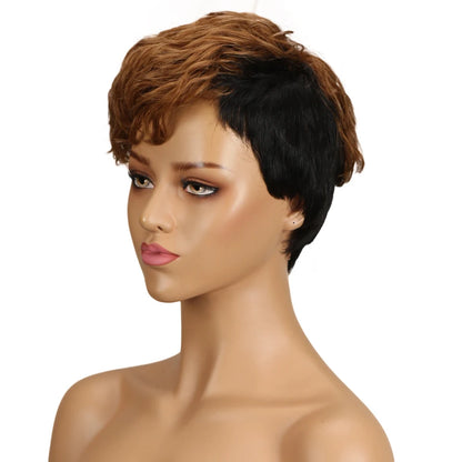 Short SENSE Lekker Wear to go Ombre Gold Brown Short Pixie Cut Wavy Human Hair Wigs For Women Brazilian Remy Hair Colored Side Part Bob Wigs