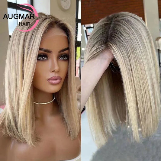 Short SENSE Short Ash Blonde 360 Lace Frontal Wig Brown Highlight Wig Human Hair 13x4 Straight Bob Wig Lace Front Human Hair Wigs For Women