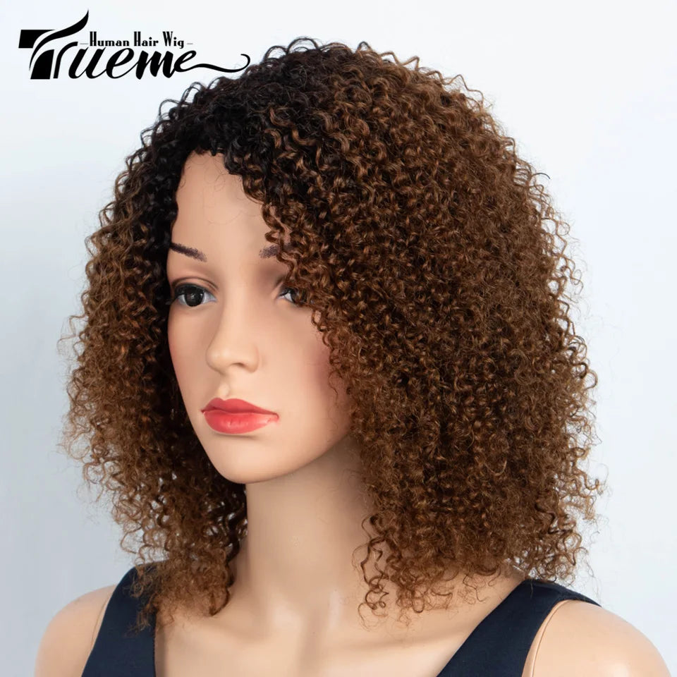 Short SENSE Trueme Afro Kinky Curly Human Hair Wigs Ombre Highlight Human Hair Wig With Bangs Colored Brazilian 4a Curly Bob Wig For Women