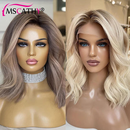 Short SENSE Ash Blonde Ombre Human Hair Wigs For Women Body Wave HD Transparent Lace Frontal Wig Brazilian Remy Hair Short Bob Wig Pre Pluck