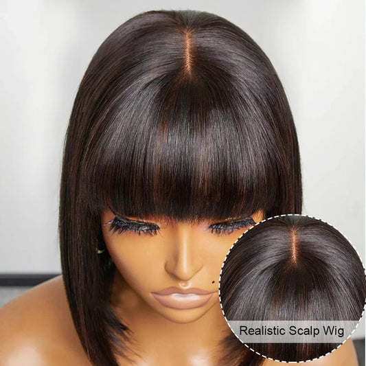 Short SENSE Brazilian Straight Bob Lace Wigs Glueless Straight Human Hair Wigs With Bangs Fringe Middle Part Bob Lace Wigs Realistic Scalp