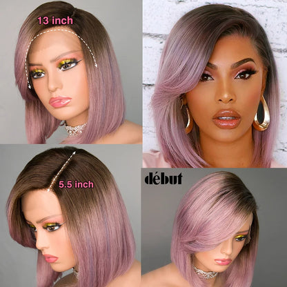 Short SENSE Purple Straight Bob Wig Brazilian Lace Part Human Hair Wigs For Women HD Highlight Wig Glueless Lace Front Wig With Bangs  DEBUT