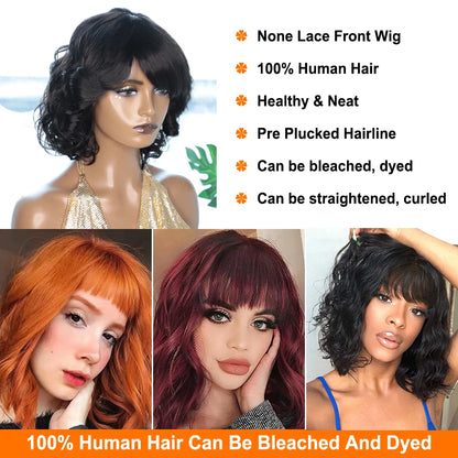 Short SENSE Rebecca Short Bob Wigs With Bangs Brazilian Body Deep Wave Natural Remy Human Hair Wig Full Machine Made Glueless Wigs For Black