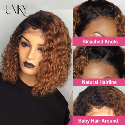 Short SENSE Brazilian Highlight Curly Bob Wig Deep Wave Frontal Wigs Curly Human Hair Wig 13x4 Ombre Colored Lace Front Wigs For Black Women