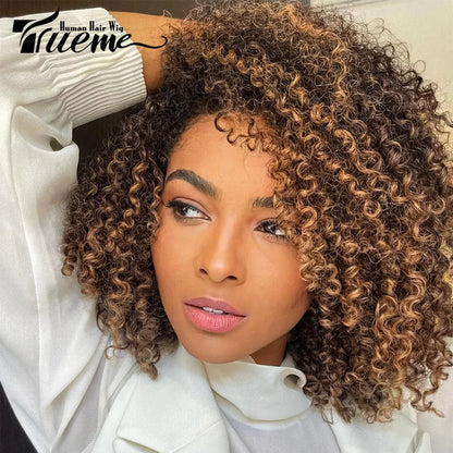 Short SENSE Trueme Afro Kinky Curly Human Hair Wigs Ombre Highlight Human Hair Wig With Bangs Colored Brazilian 4a Curly Bob Wig For Women