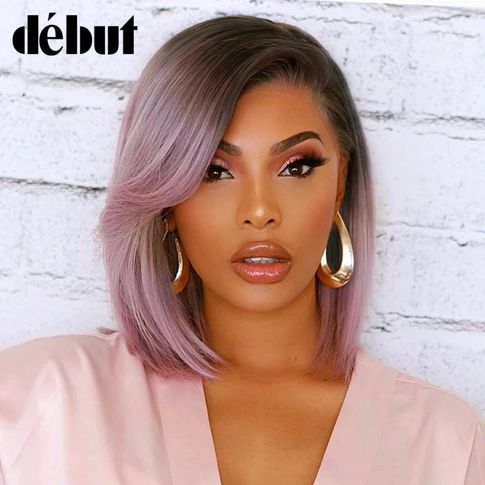 Short SENSE Purple Straight Bob Wig Brazilian Lace Part Human Hair Wigs For Women HD Highlight Wig Glueless Lace Front Wig With Bangs  DEBUT