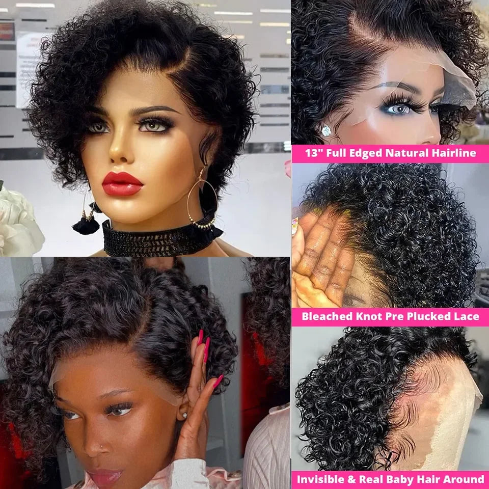 Short SENSE Short Bob Wig Pixie Cut Wig Curly Human Hair Wigs For Women 13x1 Lace Front Transparent Deep Wave Lace Wig Preplucked Hairline