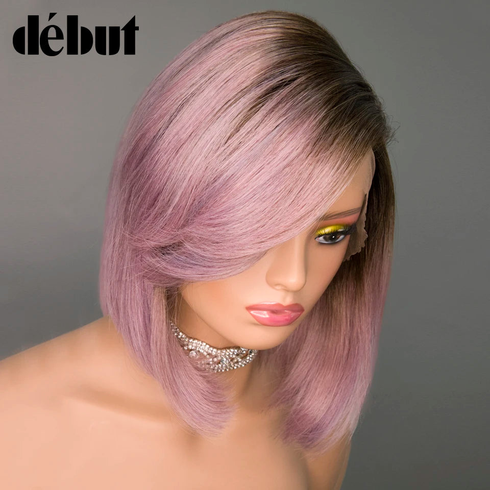 Short SENSE Purple Straight Bob Wig Brazilian Lace Part Human Hair Wigs For Women HD Highlight Wig Glueless Lace Front Wig With Bangs  DEBUT