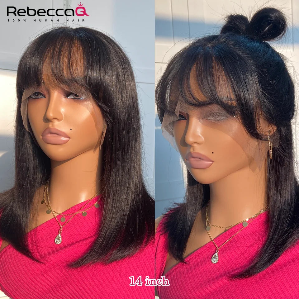 Short SENSE Short Straight Bob Lace Front Wig With Bangs Cute Human Hair Bob Wigs For Women Brazilian Remy Hair Easy Part Lace Bob Wig