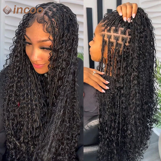 Braids SENSE Boho Box Braided Wigs Curly Hair Synthetic Full Lace Front Wigs for Women Goddess Locs Braid Wig Burgundy Bohemian Box Braid Wig