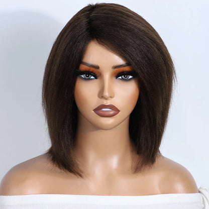 Short SENSE Lekker Short Kinky Straight Bob Glueless Ready to Wear Human Hair Wigs For Women Brazilian Remy Hair Natural Brown 12" Bob Wigs