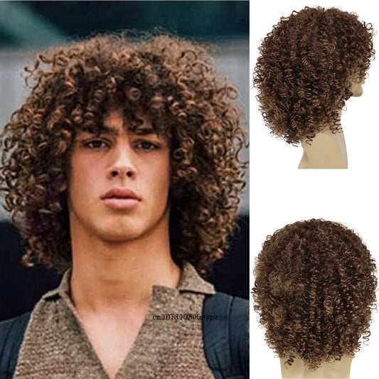 MEN'S SENSE BEAUTY Afro Kinky Curly Wigs for Men Synthetic Brown Wig with Bangs Natural Fluffy Elastic High Temperature Fiber Man Daily Cosplay