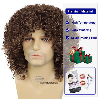 MEN'S SENSE BEAUTY Afro Kinky Curly Wigs for Men Synthetic Brown Wig with Bangs Natural Fluffy Elastic High Temperature Fiber Man Daily Cosplay